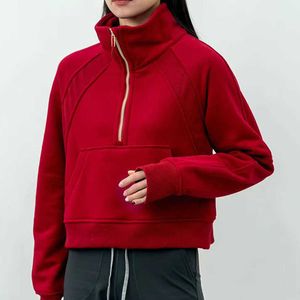 Yoga Outfits Women Fitness Hoodies Runing Jacket Ladies Sport Half Zipper Sweatshirt thick Loose Short Style Coat With Fleece Thumb Hole Sportwear