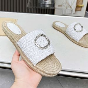 New Women Interlocking Slides Designer Espadrille Raffia Slippers Crystals Flat Shoes Rubber Sole Summer Fashion Outdoor Sandals With Box 568