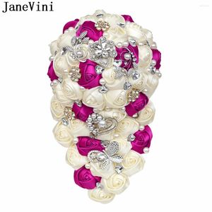 Bröllopsblommor Janevini Gorgeous Cascading Pearl Bouquet för Bride Fuchsia Satin Rose Sparkly Jewelry Crystal Bridal Holding