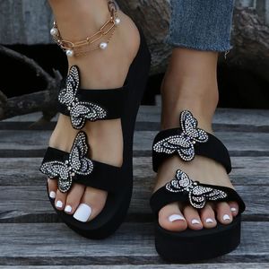 Lucyever Crystal Butterfly Wedges Heel Slippers Women Plus Size Thick Sole Sandals Woman Non Slip Platform Flip Flops Mujer 240509