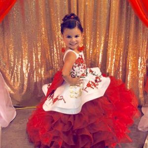 Red Toddler Pageant Party Dresses Spaghetti Strap Applicies Ruffle Tiersed Flower Girls Dresses Customized Kids Prom Gowns 270L