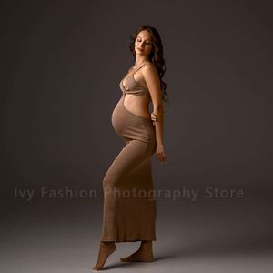 Moderskapsfotografklänningar stickade gravida kvinnliga klädrem väst cool suspender lång kjol mode elegant festklänning
