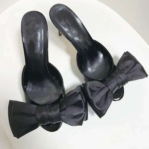 women Ladies 2024 real leather 8CM stiletto high heels sandals silk satin summer Flip-flops slipper slip-on dress shoes 3D bow tie black d351