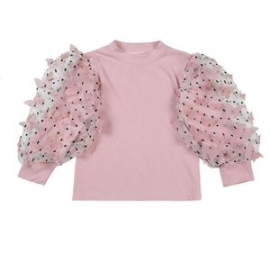 Girls Blouse Bubble Sleeves T-shirts for Kids Long Sleeved Children Tops Lace 3D Pattern Toddler Outfits Clothing 1 To 8years L2405