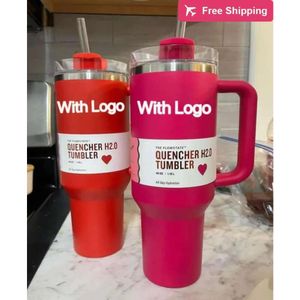 Cosmo Camellia Pink Target Red 1 40oz H20 rostfritt stål tumlers koppar med silikonhandtag lock stanhetandlighet Stanleiness Standleiness Staneliness WWSS