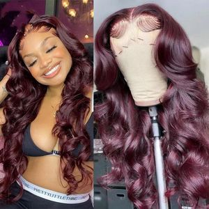 High Gloss Burgundy Curly 13x4 Transparent Lace Front Wig Human Hair Wig Women's Brazilian Hair Glueless Full Lace Front Synthetic Wig