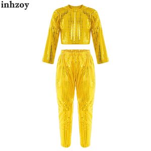 Dancewear Kids Girls 2st Hip Hop Jazz Dance Costume Shiny Polka Dot paljetter Crop Top Shirt With Harem Pants for Performance Disco Partyl2405