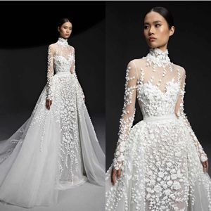 Romantik Gelinlik 3D-Floral Aplikler Gelin Koyu Gowns Overkirts Yüksek Boyun Uzun Kollu İllüzyon Özel Yapımı Gelin Elbise Plus Boyut