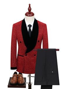 Czerwony pary młody nosić szal klapę na ślub smokingowy strój men kurtka blezer biznesowy kombinezon na imprezę (kurtka+ spodnie) szczupły dopasowanie 2024