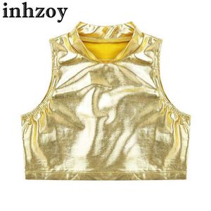 T-shirts Kids Girls Metallic Mock Neck Crop Tank Tops ärmlös Turtleneck Vest Camis Ballet Dance Sports Tops Stage Performance Costumel2405