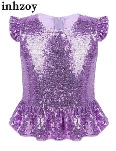 Dancewear Kids Girls Latin Jazz Dancewear Dance Halloween Carnival Party Mermaid COSTUME paillettes Short Flutter Cesta Zipper Peplo Top Blousel2405