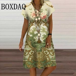 Basic Casual Dresses 2023 Vintage New Summer Womens Pullover V-Neck Printed A-Line Dress Fashion Casual Loose Short Slve Elegant Oversized Dresses Y240515