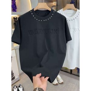 New Trendy Rivet Steel Print Loose Round Neck Short sleeved T-shirt for Men's Summer Fashion Versatile Casual Quality Trendy Clothing