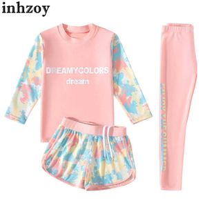 Two-Pieces 3Pcs Rush protective swimsuit for children and girls colorful printed long sleeved top shorts and pants set sun protection swimsuit beach game suitL2405