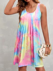 Plus Size Womens Summer Tie-dye Pleated Sleeveless Dress Beach Tank Dress vestidos de verano mujer 240516