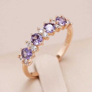 Anéis de casamento Kinel Hot Sparkling Purple Natural Zircon Anel 585 Rose Rose Round Matching Band diariamente jóias requintadas q240514