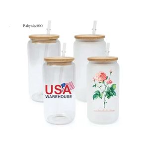 USA CA Warehouse 16Oz Sublimation Glass Beer Mugs With Bamboo Lid Straw DIY Blanks Frosted Clear Can Shaped Tumblers Cups Heat Transfer Tail G0418 4.23 0516