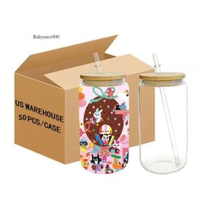 USA CA Warehouse Hot Sale 16oz sublimation Öl Soda burkformat frostat klart glas med bambu lock och halm 4.23 0516