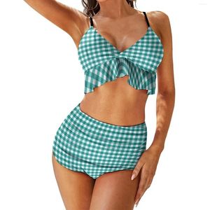Kvinnors badkläder Teal Gingham Bikini Set Retro Plaid Swimsuit Sexig hög midja Fantasi Fitness Custom Beach Wear