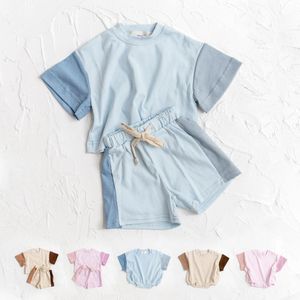 Summer Toddler Girls Cotton Short Sleeve TopShorts Set Baby Boys Shortsleeve Tee Outfits Sets Kids Stitching Color Clothes 240516