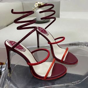 Sandálias de salto alto feminino sapatos tacos tornozelo embrulhado alto casamento de cristal incrustado com serra de luxo de luxo Moda 9,5cm RC CLEO RENE CAOVILLA com caixa #07144