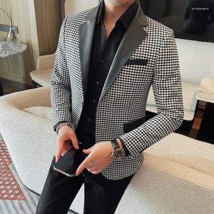 Men's Suits 4XL-M 2024 Spring Black White Checkered Blazer Jackets Men Fashion PU Leather Spliced Collar Luxury Slim Fit Social Prom Tuxedo