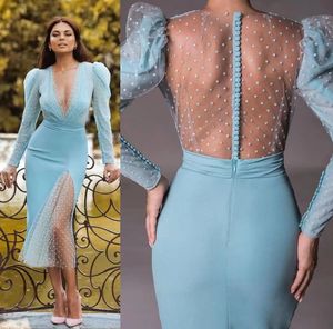 2024 Sky Ble Mermaid aftonklänningar V Neck Dot Tulle -knappar tillbaka Långärmare TEA Längd Prom Formell klänning för Women Robe de Soiree Anpassad