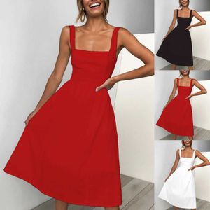 Grundläggande casual klänningar kvinnor klänning vintage sleless solid blommig ruched sommar söt a-line flowy swing midi klänning y240515