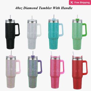 40oz Diamond Tumblers Cups with Handle Lids and Straw Stainless Steel Insulated Bling Car Trave stanliness standliness stanleiness standleiness staneliness 5IAG