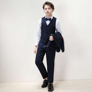 Kids Plaid Jacket Vest Pants 3PCS Party Photograph Set Boys Formal Wedding Suit Big Teenager Tuxedo Dress Children Dance Costume