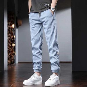 Men's Pants Summer Blue Casual Pants Men Fashion Sport Side Stripe Elastic Waist Drawstring Joggers Trousers Y240513