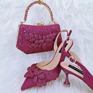 Dress Shoes Nigeria Style Magenta Fashion High Heels And Bag Wear-resistant Comfortable Flowers With Rhinestone Embellishment