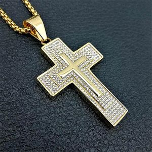 Religiöse ICED Out Bling Cross Anhänger Halsketten für Frauen Männer Gold Farbe Männlich 14K Gold Christian Schmuck