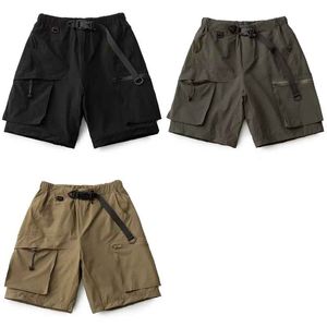 Summer new men's shorts Designer buckle belt ice silk retro multi-pocket black cargo quarter pants Hang Zou breathable