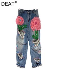 DEAT WOMENS JEANS Hög midja rak broderade blossar ihåliga ut 3D -veckade spetsblommor Denim Pants 2024 Summer Fashion 240515