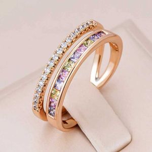 Anéis de casamento Kinel Novo anel natural de zircão para mulheres 585 Rose Gold empilhável Banda Moda de alta qualidade Jóias diárias Acessórios de festa Q240514