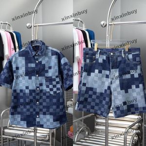 xinxinbuy Men designer Tee t shirt 2024 Italy mosaic Letter jacquard pattern denim sets short sleeve cotton women gray black blue Khaki M-4XL