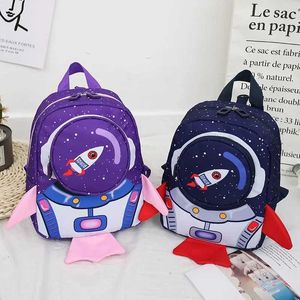 Backpacks Space Rocket Printed Childrens Backpack Traction Rope Anti Lost Light Kindergarten School Bag Early Education Bag d240516