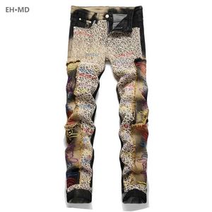 Mäns jeans leopard trasiga jeans män orm hud broderi slitna hög elastiska 3D inre broderier blixtlådor blekt smala fit byxor ficka 2 T240515