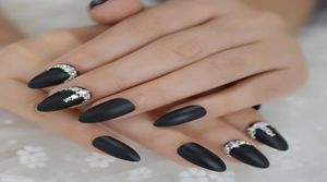 Black Customized Rhinestone Fake Nail Matte Stiletto Fashion False Nail Tips Sharp Unique Full Cover Acrylic Nails Set1105578