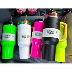 White Mugs Neon Electric Pink Black QUENCHER H2.0 40Oz Stainless Steel Tumblers Cups With Silicone Handle Lid And Straw Travel Car Water Bottles 0419