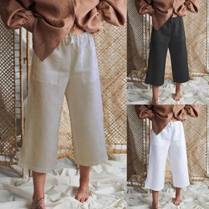 Calça feminina de cor sólida algodão e linho de linho leggings para mulheres de cor de cintura elástica casual