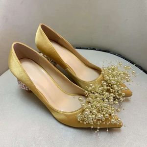 Kvinnliga damer 2024 fläckar äkta riktiga läderklänningskor diamant 8 cm kon Hög klackar sandaler sommar pollige pekade tå bröllop sexig slip-på omröstningar storlek 35-43 5f31