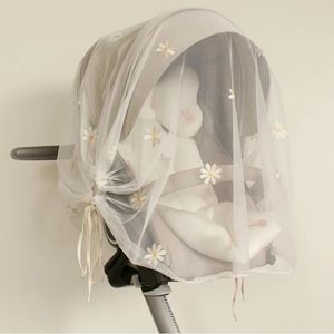 Mosquitoes Net Baby Stroller Cover Gauze Sunshade Windshield Sunscreen Curtain Breathable Mesh Breathable Gauze Embroidery 240516