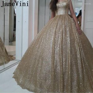 パーティードレスJanevini Sparkle Gold Ball Gown Plusサイズプロムの恋人スパンコールビッグボウバックスイープトレインドバイラグジュアリーイブニングドレス