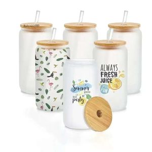 USA/CA Warehouse 16oz Sublimation Glass Beer Dugs with Bamboo Lid Straw DIY Blanks Frosted Clear Can can على شكل أكواب نقل حرارة ذيل جديد 4.23 0516