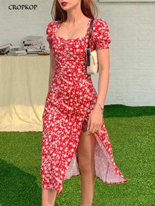 Basic Casual Dresses Summer Womens Red Puffed Slve Floral DressBeach Dresses For WomenFashion Summer Dresses 2024Womans ClothingLong Dresses Y240515