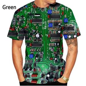 Herrt-shirts Nytt modekretsnavla 3D-tryck T-shirt Elektronisk chip Mens Summer Leisure Short Sleeve Street Clothing Q240515