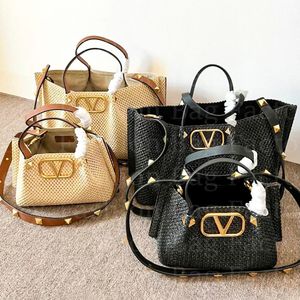 Strandpåse mode raffias stor tote designer vlogo luxurys nit handväska 7a kvinnor axel väv butik väska med handväska crossbody duffle mens koppling halm resor väskor