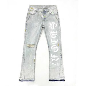 Mäns jeans American 100% bomullsmän blossade jeans bokstäver tryck öppen hem denim byxor tung vikt rippad på kN manliga byxor T240515
